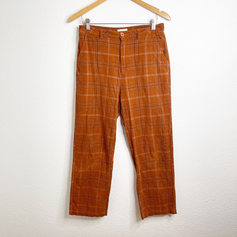 Brixton Women Burnt Orange Plaid Corduroy Pants High Rise Straight Leg Size 27